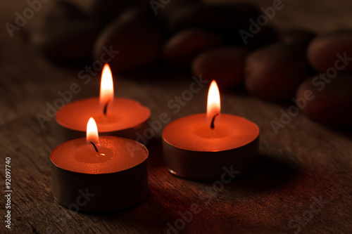 Beautiful Spa composition with aroma candles on wooden . Treatment, aromatherapy