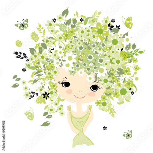 Female portrait with floral hairstyle for your design