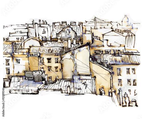 Hand made sketch of old street. 