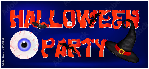 Image of Happy Halloween spooky background flat design with sign Halloween party. Vector illustration of invitation card with scary bloody eyeball in witch hat.
