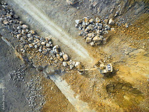 Aerial view of a excavator in the mine.  Industrial background from landscape after mining. photo