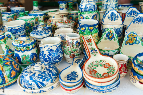 Romanian traditional pottery handcrafted mugs at a souvenir shop