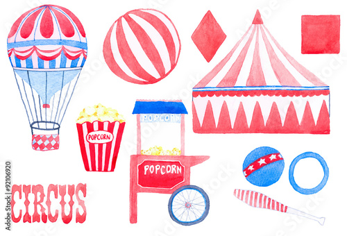 Circus. Hand-drawn set with circus elements. Real watercolor
