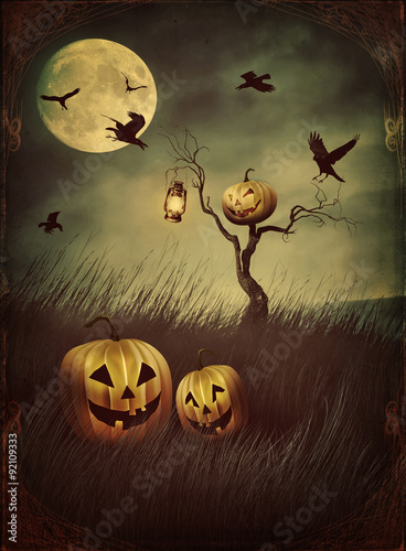 Pumpkin scarecrow in fields at night with vintage look