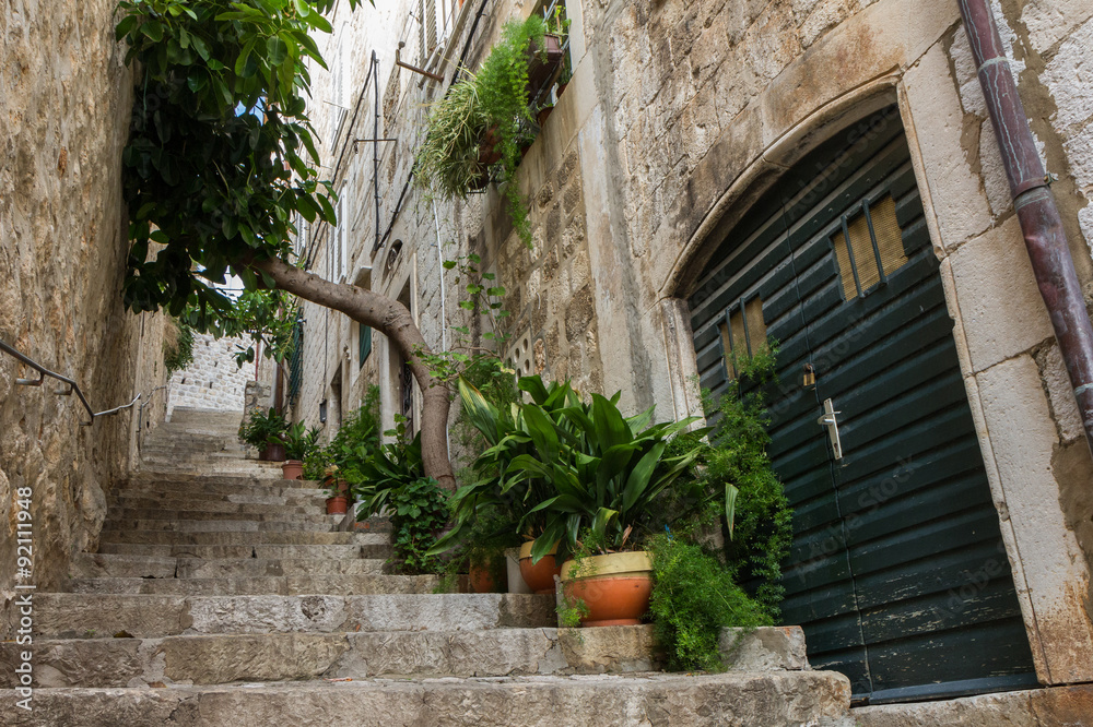 Narrow and empty alley, stairs and potted plants at the Old Town in Dubrovnik, Croatia, viewed from below.