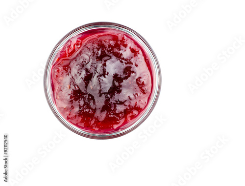 Aerial view of rasberry jam in a bowl isolated