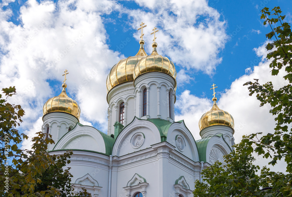 Golden domes of Catherine cathedral against blue sky. Tsarskoye