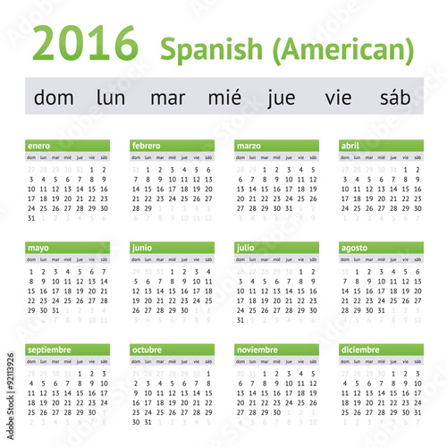 2016 Spanish American Calendar. Week starts on Sunday