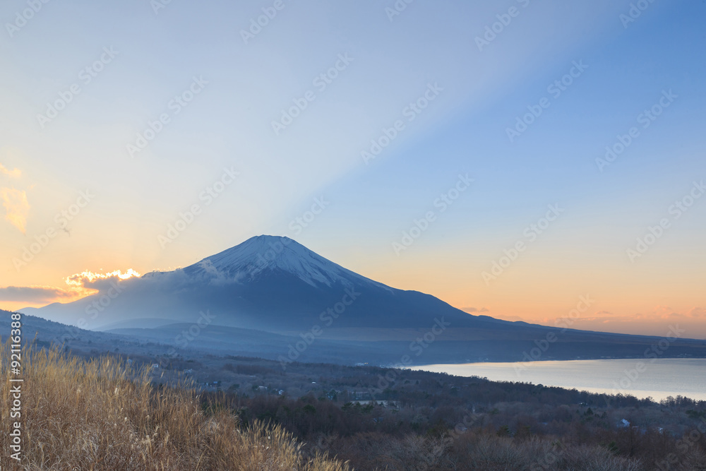 Mountain Fuji in winter morning from lake kawaguchiko