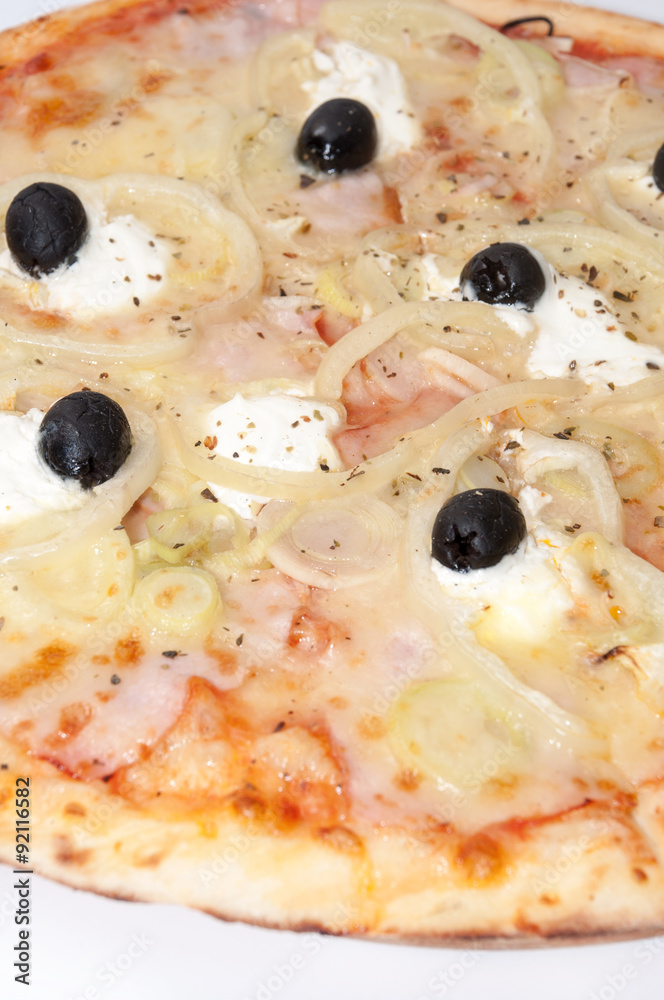 Close view pizza with onion rings black olives ham Close view pizza with onion rings black olives ham
