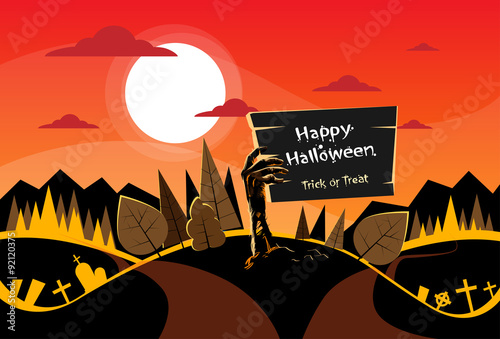 Zombie Hand Hold Board, Orange Autumn Woods, Halloween Dead Arms