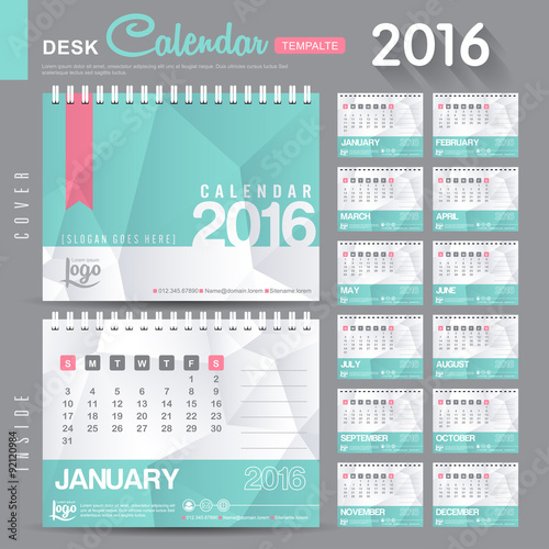 Desk Calendar 2016 Vector Design Template with abstract pattern. Set of 12 Months. vector illustration