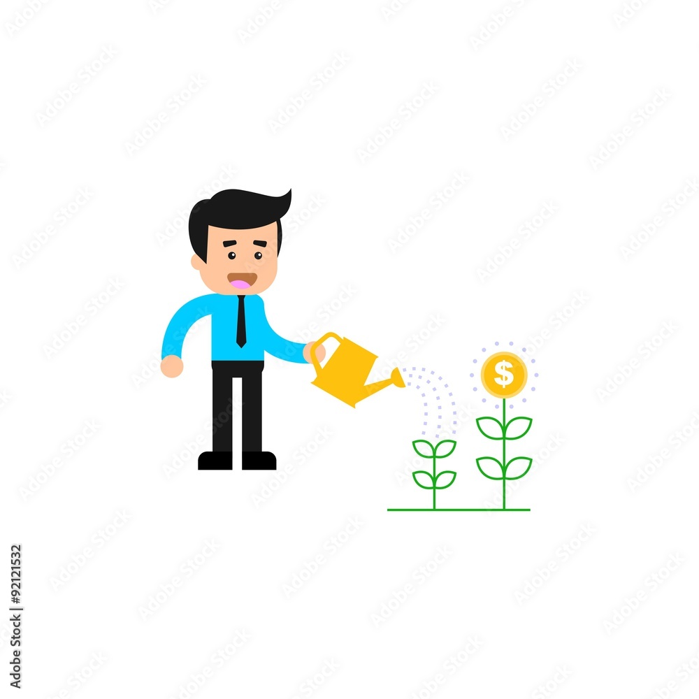 Money Growth. Flat design illustration. Business person watering money tree