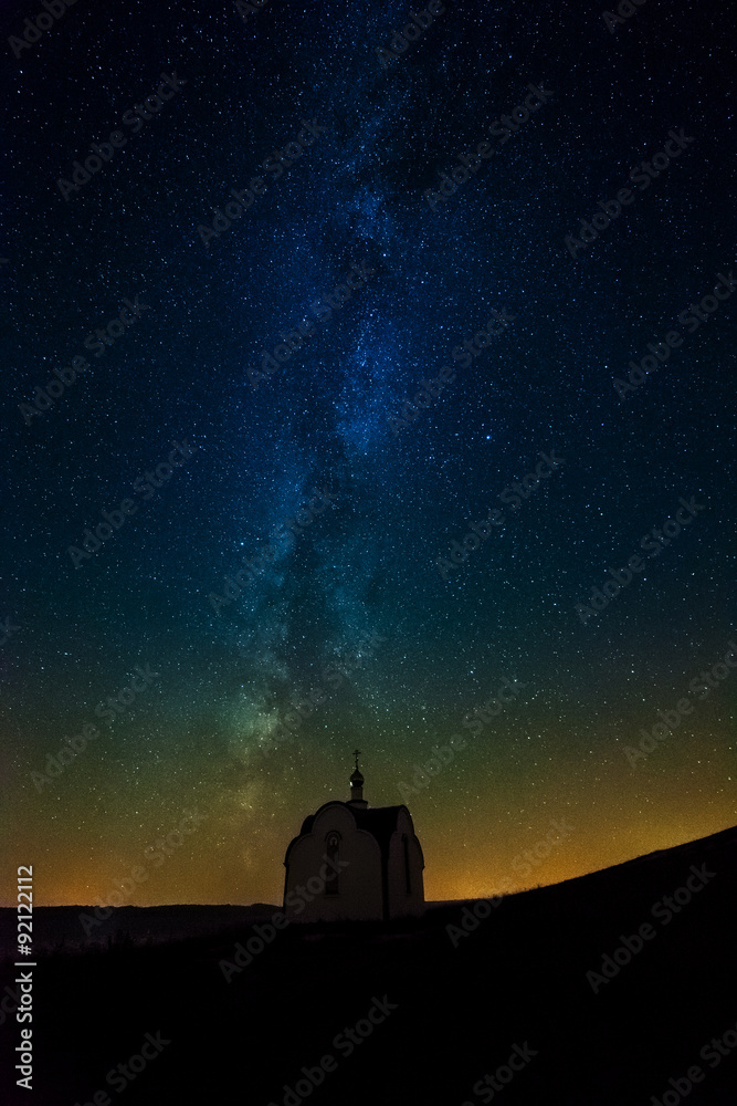 Temple in the night sky and the Milky Way, the silhouette of the church on the background of the Milky Way Temple in the night sky and the Milky Way, the silhouette of the church on the background of the Milky Way