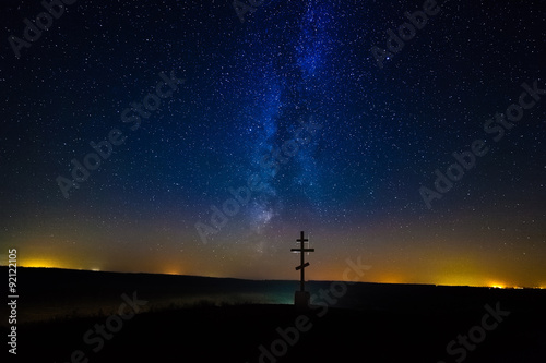 Temple in the night sky and the Milky Way, the silhouette of the church on the background of the Milky Way