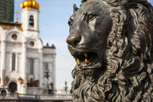 Lion sculpture in front of Cathedral of Christ the Savior in Mos