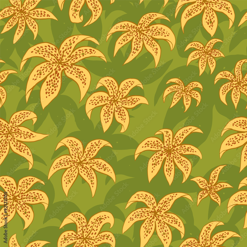 Vector lilies seamless pattern. Image of yellow lilies with shadows on a green background.