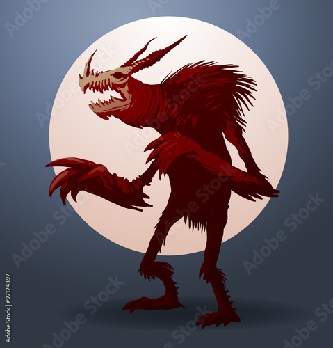 Vector blood-red werewolf on a dark blue background with a full moon.