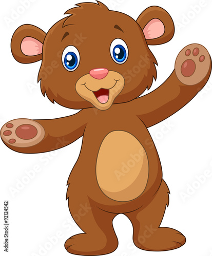 Cartoon happy baby brown bear waving hand