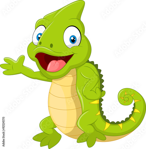 Cartoon green chameleon waving hand isolated on white background