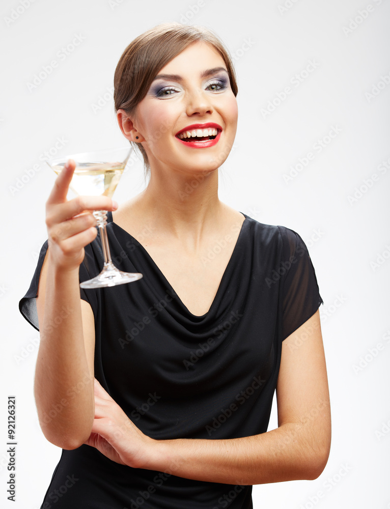 Portrait of smiling woman holding glass with drink. Portrait of smiling woman holding glass with drink.
