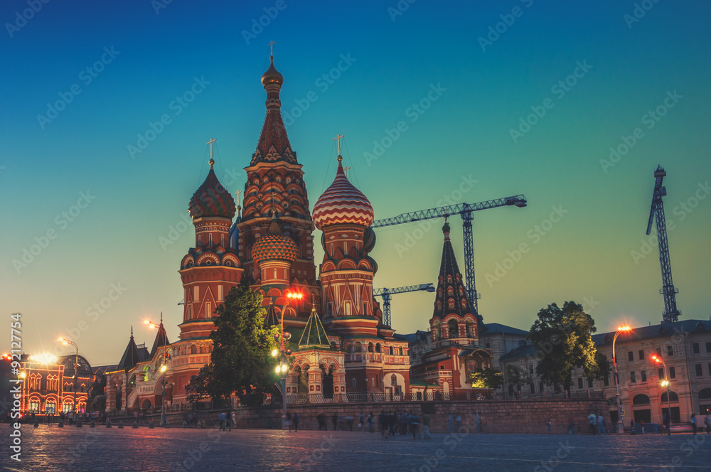 Saint Basil Cathedral in Moscow, Russia on Red Square at sunset