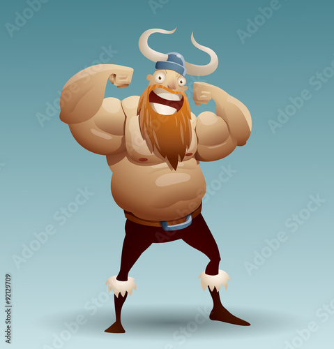 Vector Viking warrior smiling. Image of a redheaded Viking warrior with a mustache and beard in red pants and a horned helmet smiling on a blue background.