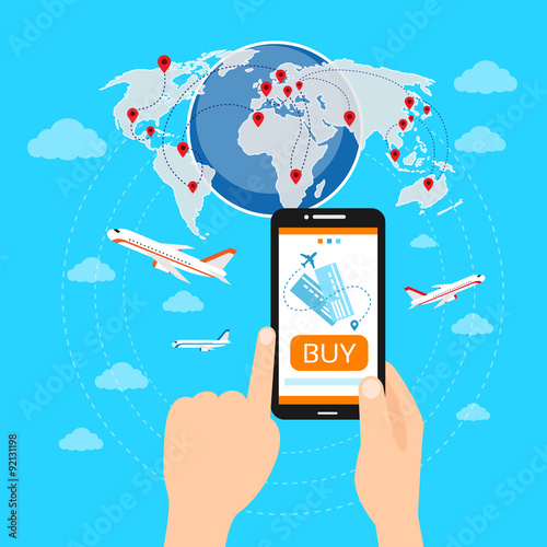 Buy Ticket Online Smart Phone Application Globe World Map Travel