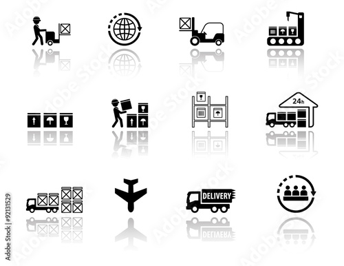 set logistic icons with mirror reflection silhouette