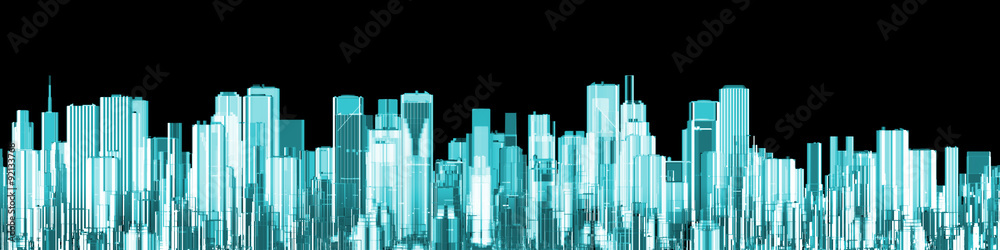 Hologram city panorama / 3D render of glowing holographic view of modern city