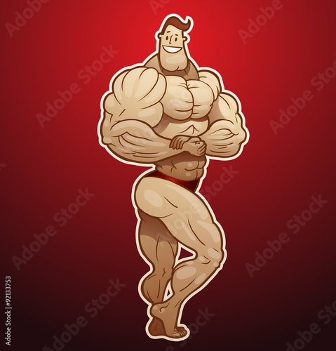 Vector bodybuilder standing sideways. Image of a man bodybuilder with brown hair in red shorts standing sideways on a red background. 