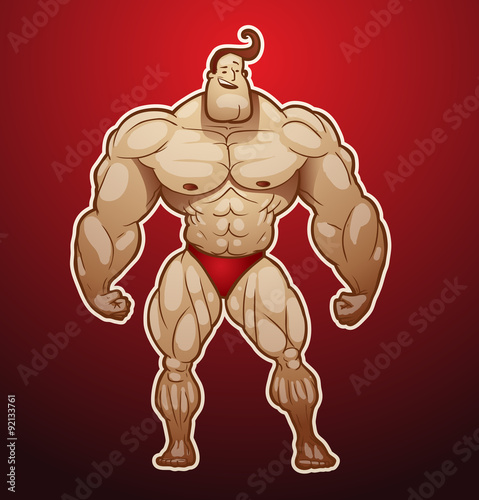 Vector bodybuilder standing. Image of a man bodybuilder with brown hair in red shorts standing on a red background. 