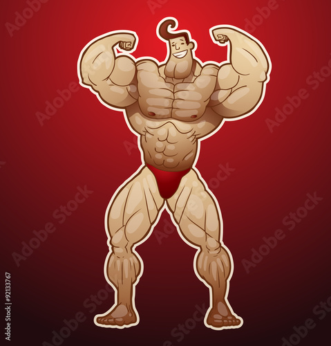 Vector bodybuilder with hands raised. Image of a man bodybuilder with brown hair in red shorts with a raised hand on a red background. 