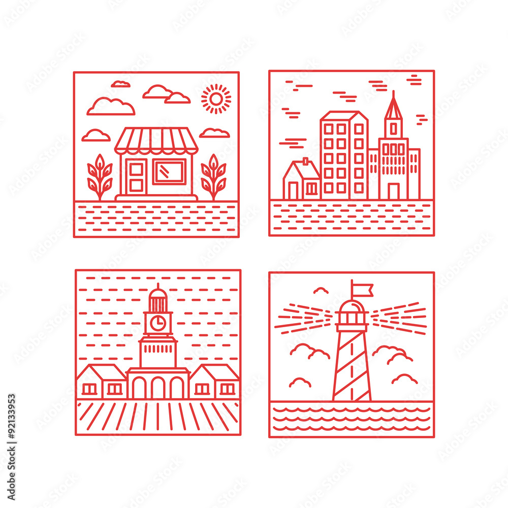 Fototapeta premium Vector set of city illustrations in trendy linear style