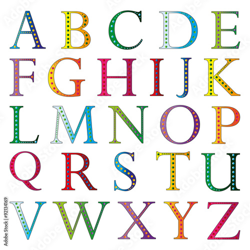 many colorful letters on white background