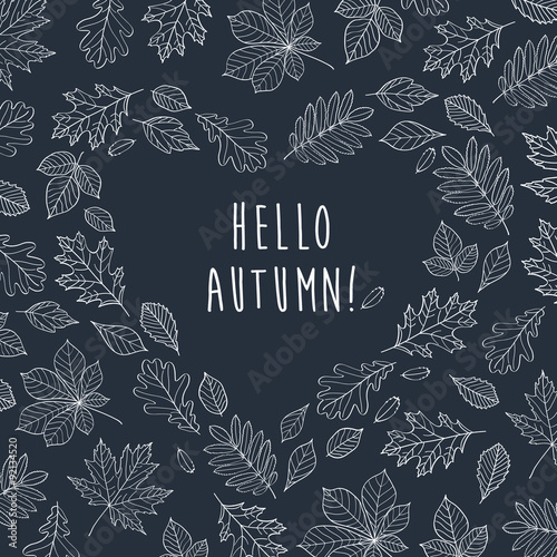 Hello autumn! The heart of the autumn leaves. Background with hand drawn autumn leaves. Autumn leaves are drawn with chalk on the black chalkboard. Sketch, design elements. Vector illustration.