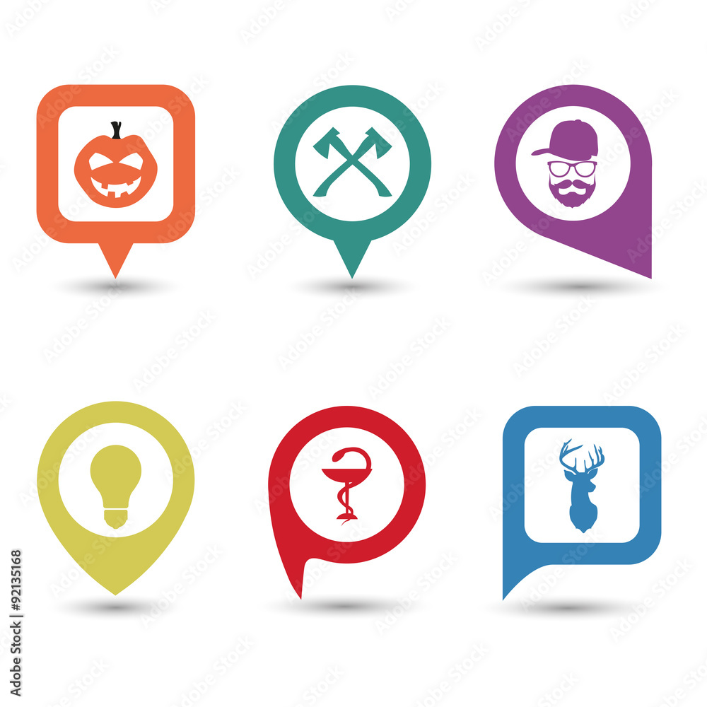 Set of map pointers with a picture inside represents the point in vector
Set of map pointers with a picture inside represents the point in vector