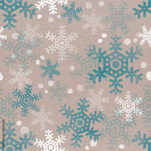 Snowflakes falling down in a cluster. White and blue transparent snow theme on beige cardboard paper seamless texture