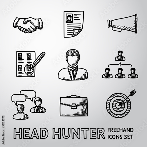 Set of handdrawn Head Hunter icons  - handshake, resume