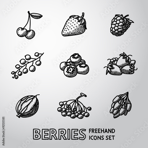 Set of freehand BERRIES icons - cherry, strawberry, raspberry