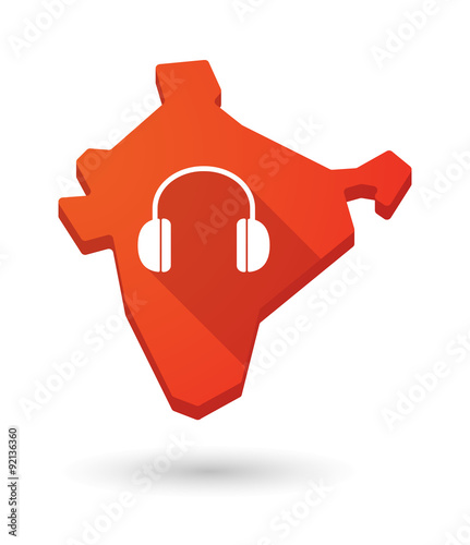 Long shadow India map icon with a earphones
