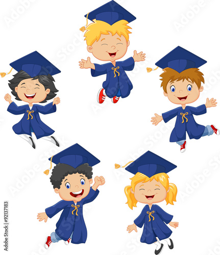 Cartoon little kids celebrate their graduation isolated on white background