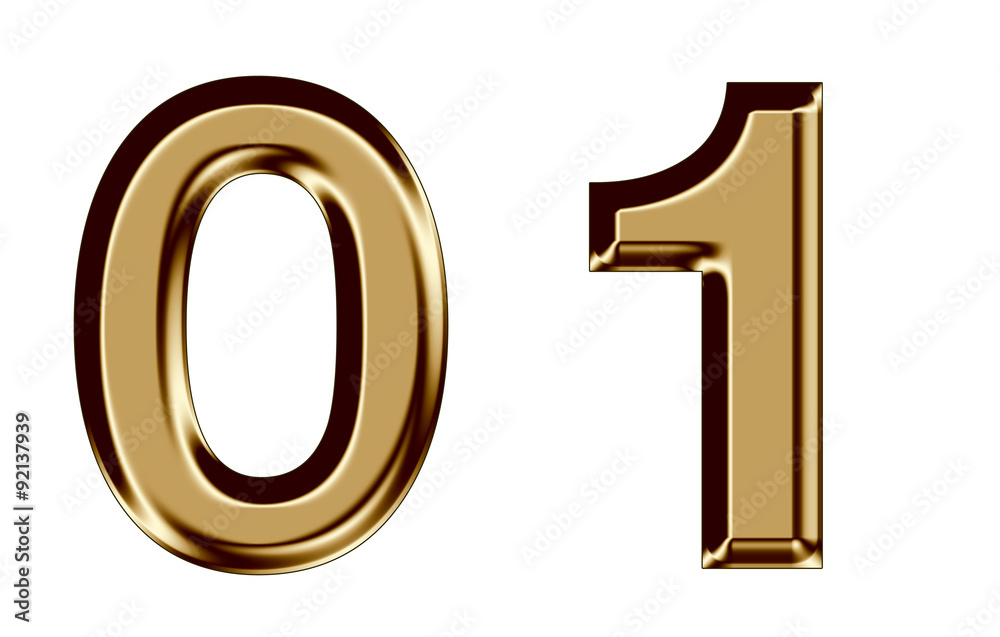 Golden number collection 0,1 on white background Golden number collection 0,1 on white background