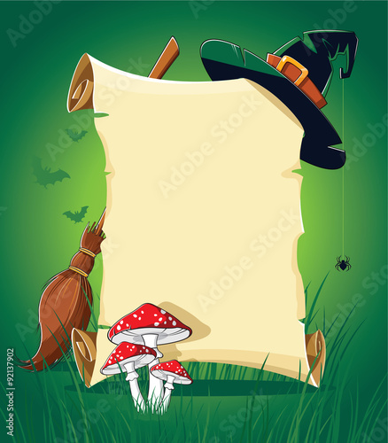 Halloween green banner with empty paper scroll 