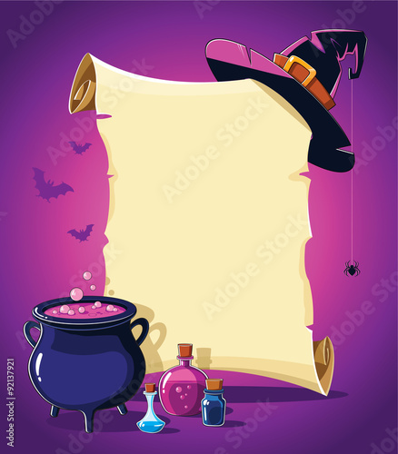Halloween pink banner with empty paper scroll 