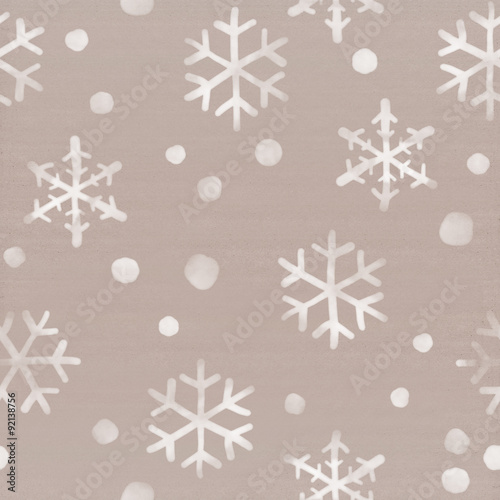 White watercolor snowflakes falling down on cardboard background. Winter themed seamless pattern 
