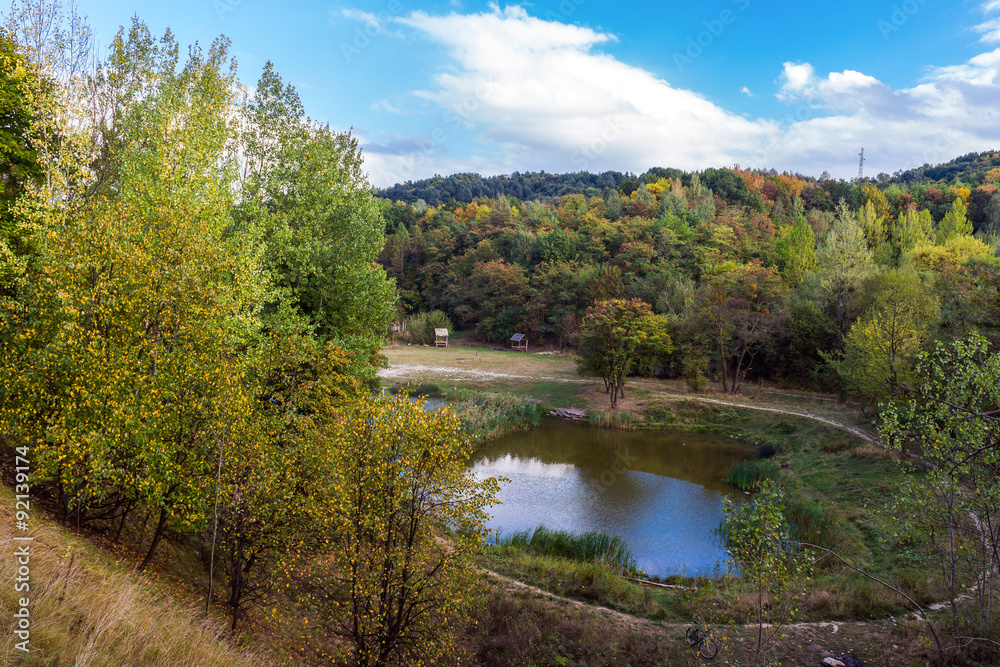 Amazing colorful landscape with lake and park, early fall, Lviv, Ukraine
