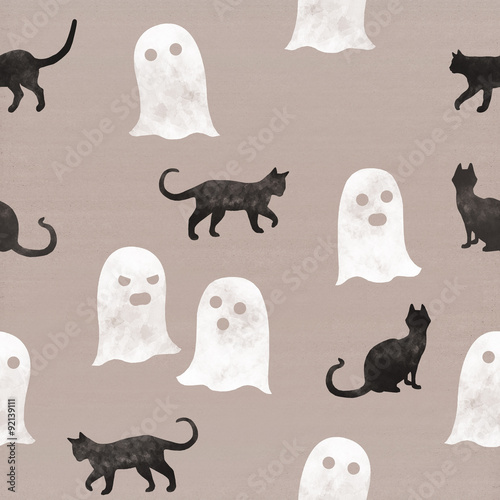Ghosts and black cats for Halloween night celebration. Seamless pattern on cardboard background