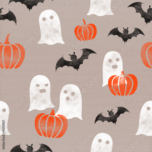 Halloween themed (pumpkins, ghosts, bats) seamless pattern on cardboard paper background. October autumn celebration