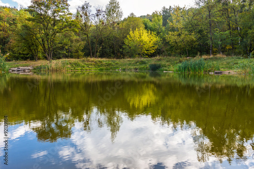 Amazing colorful landscape with lake and park, early fall, Lviv, Ukraine